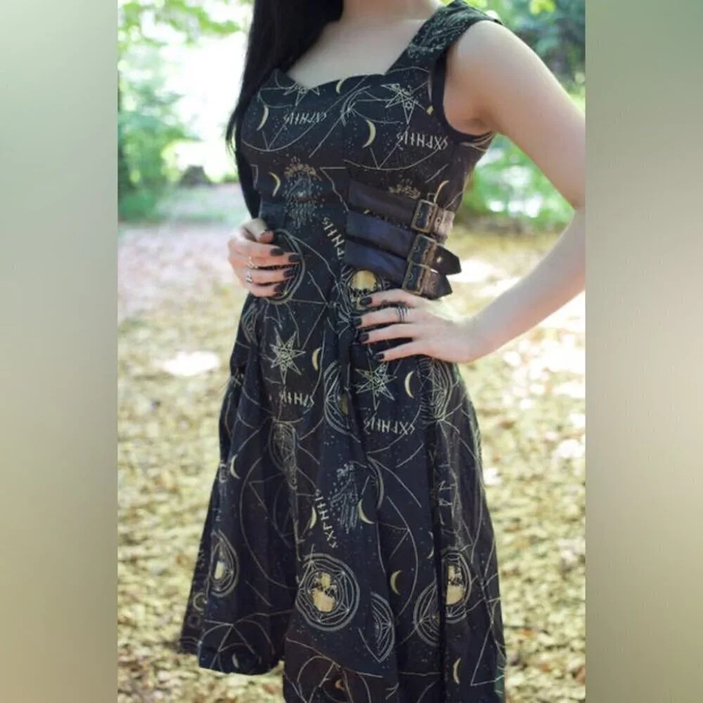 Spin Doctor Hell Bunny Y2K Pentagram Constellations Gothic Black Mini Dress S - Picture 2 of 15